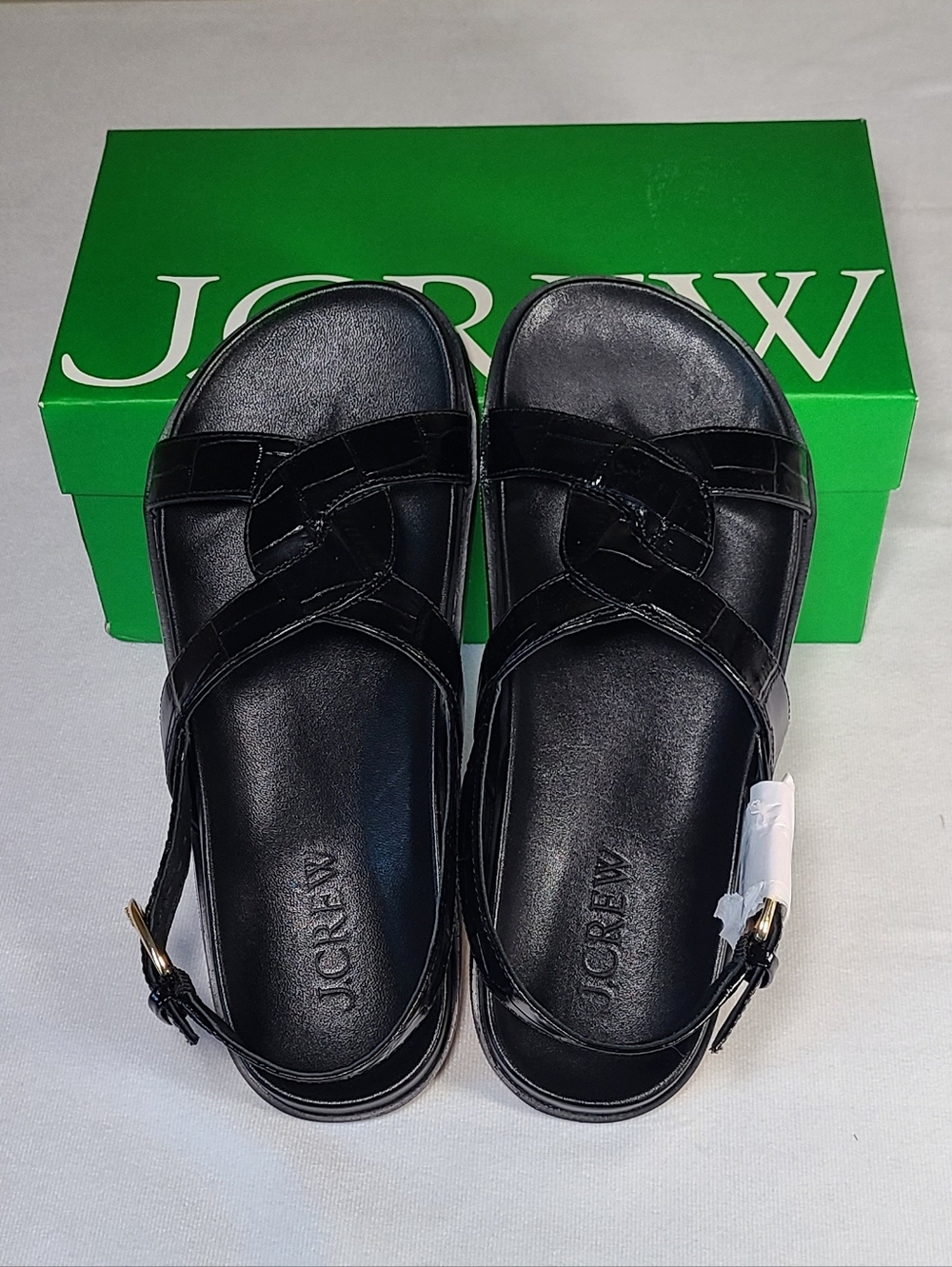 J.Crew Croc-Embossed Leather Criss-Cross Sandals with Backstrap - Black - Size 8
